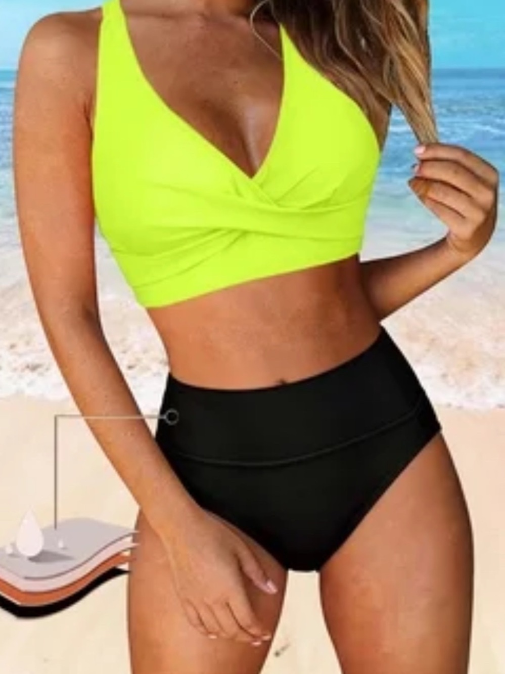 Neon Lime Twist-Front Swim Top & Black High-Waist Bottoms - Women Swim